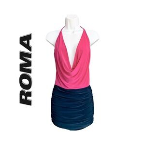 Roma Two Tone Low Cowl Neck Ruched Halter Mini Dress, Red and Black, Size S/M